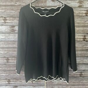 Cable & Gauge Women's Sweater Size L Black White Scalloped Long-Sleeved NWT